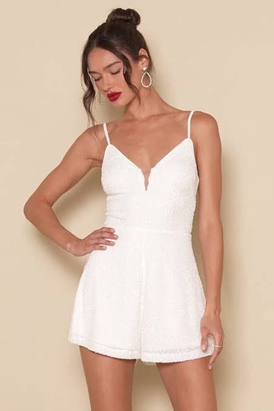 Lulus Dazzling Essence White Sequin Lace Up Romper Bridal Bachelorette XL